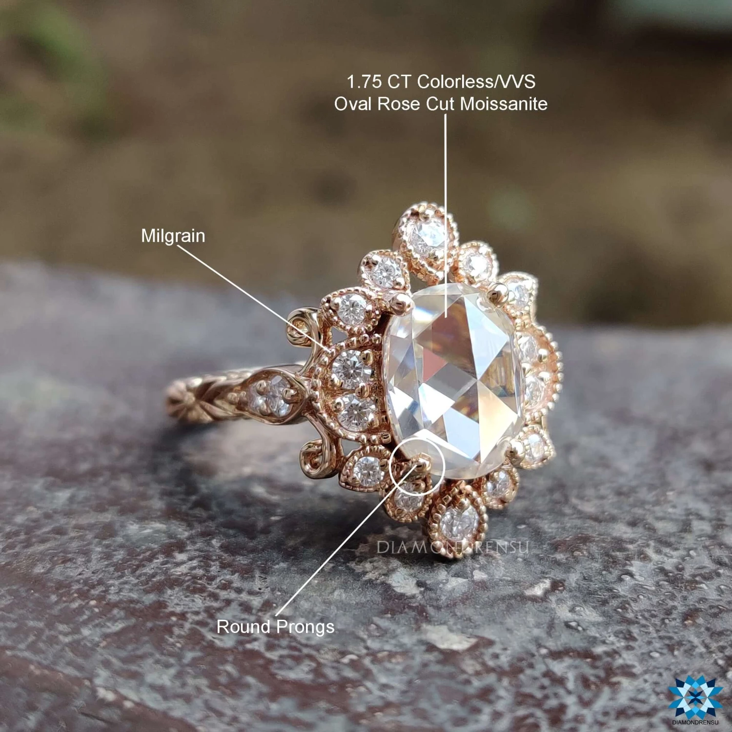 2.26 TW Oval Rose Cut Unique Vintage Style Unique Moissanite Engagement Ring - Image 9