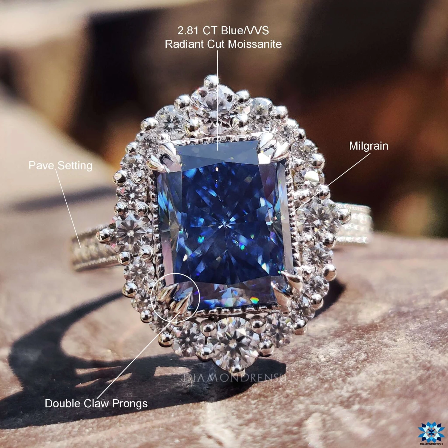 Antique Vintage Ring, 2.81 CT Radiant Electric Blue Moissanite Ring - Image 9