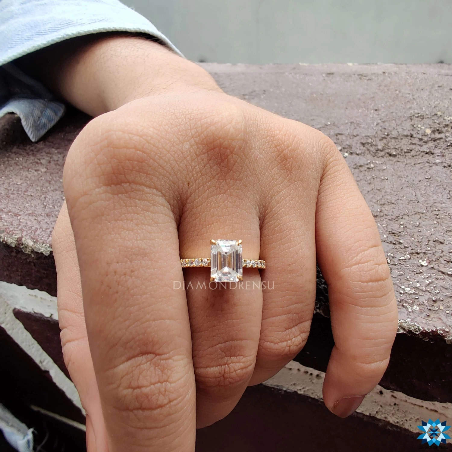 1.77 TCW Emerald Step Cut Hidden Halo Pave Set Moissanite Wedding Ring - Image 2