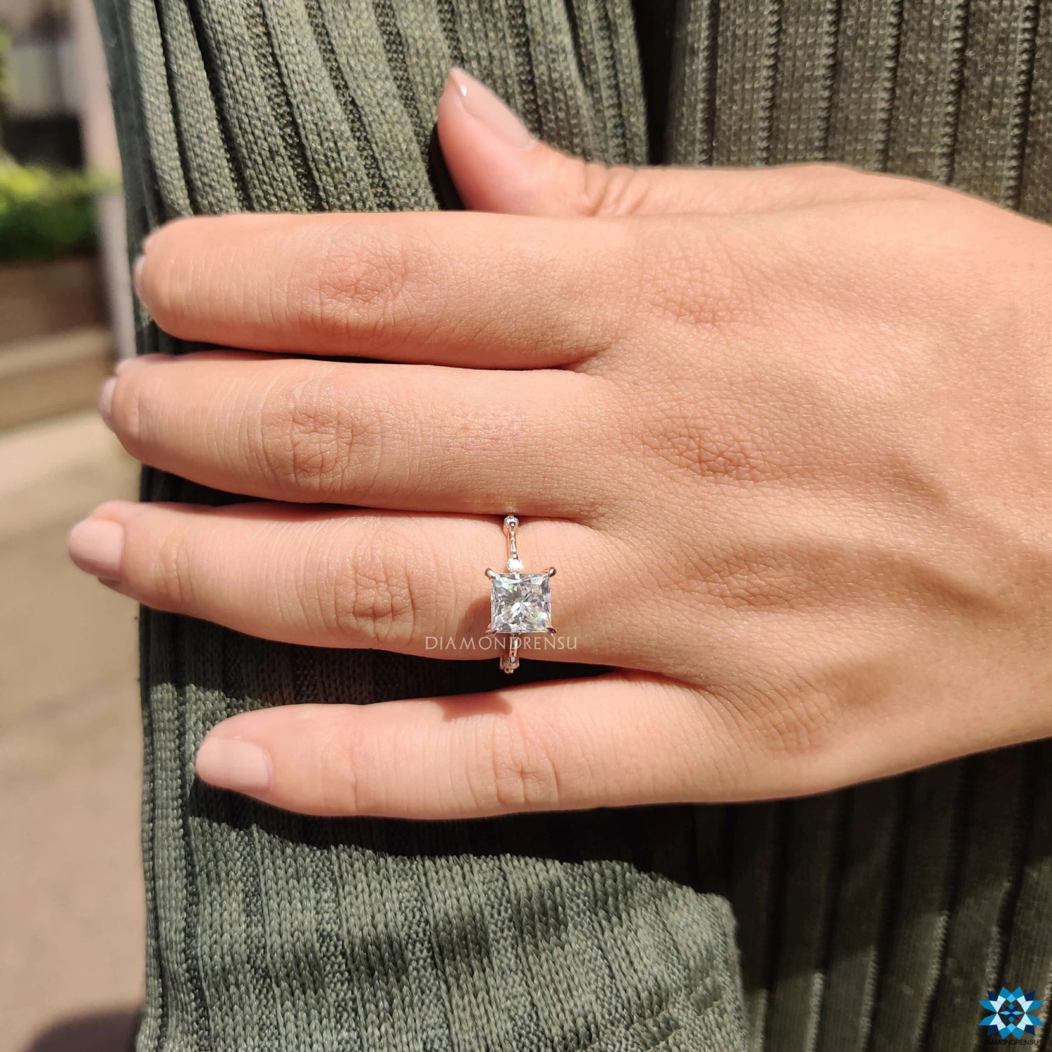 1.59 CT Princess Cut Floating Bubble Pave Moissanite Engagement Ring - Image 2