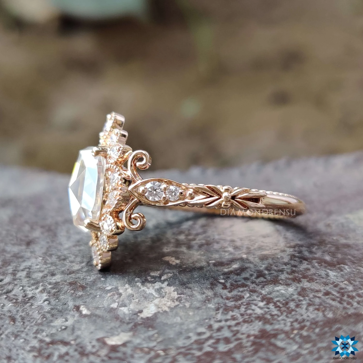2.26 TW Oval Rose Cut Unique Vintage Style Unique Moissanite Engagement Ring - Image 5