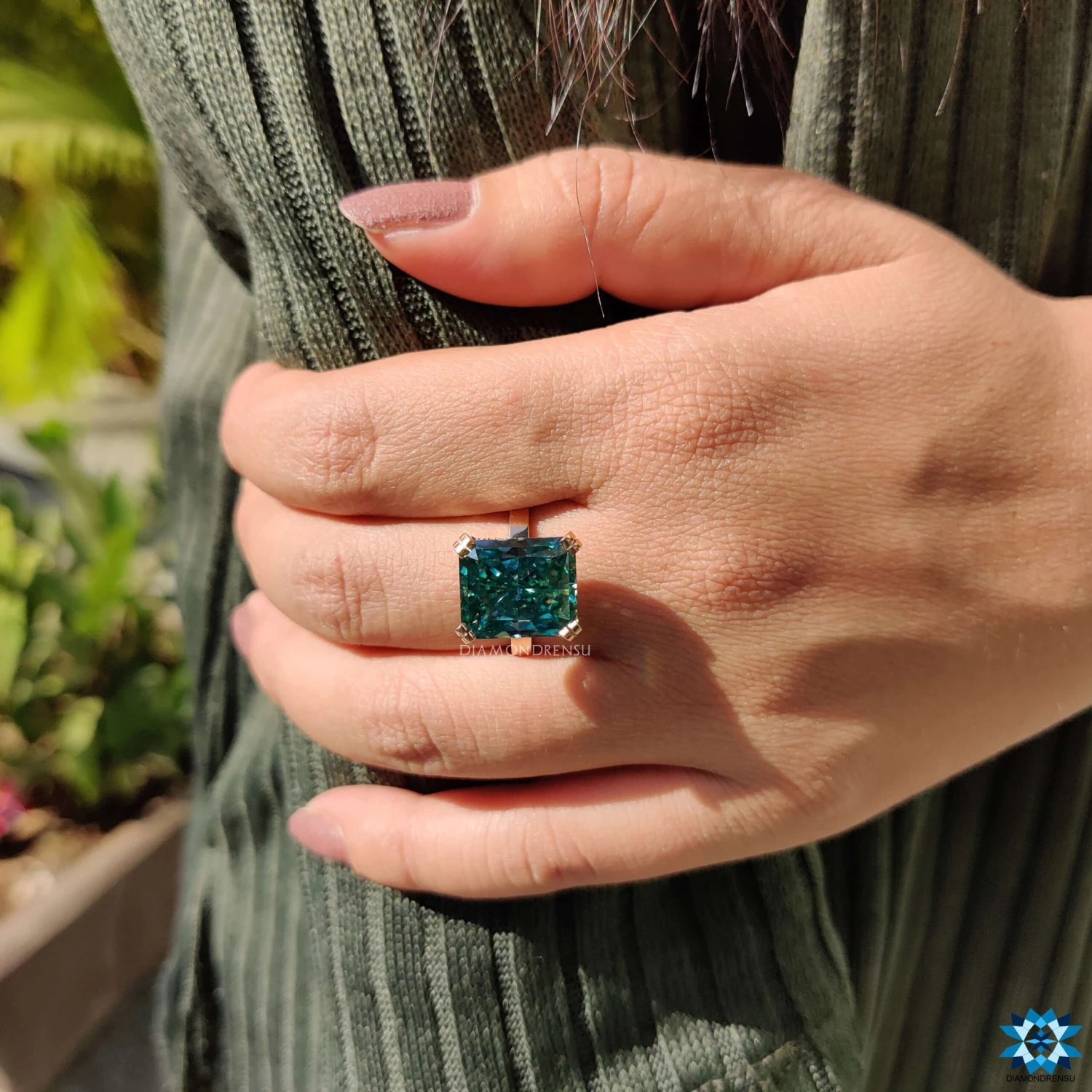 8.44 TCW Cyan Blue Radiant Cut Hidden Halo Moissanite Engagement Ring - Image 8