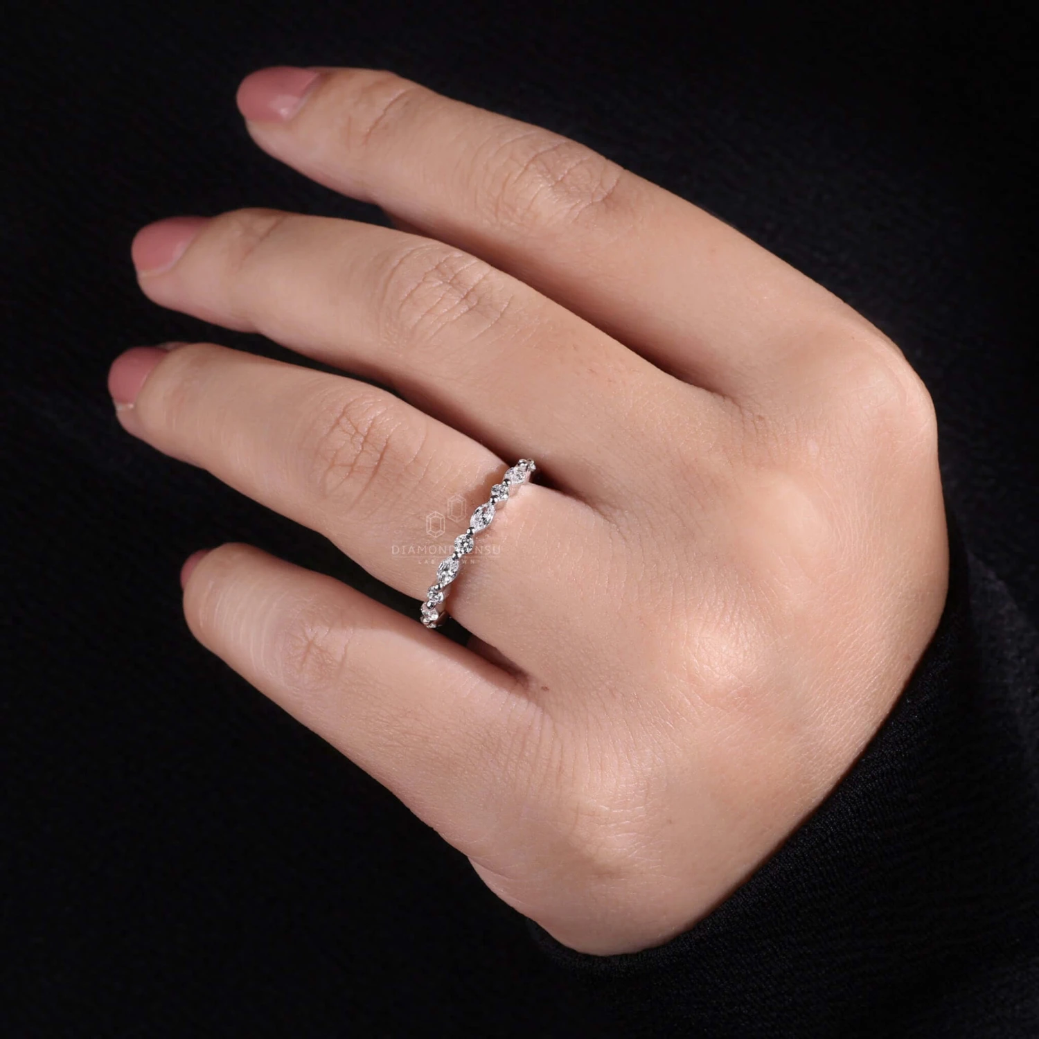 Marquise And Round Lab Grown Diamond Floating Bubble Wedding Band - Image 8