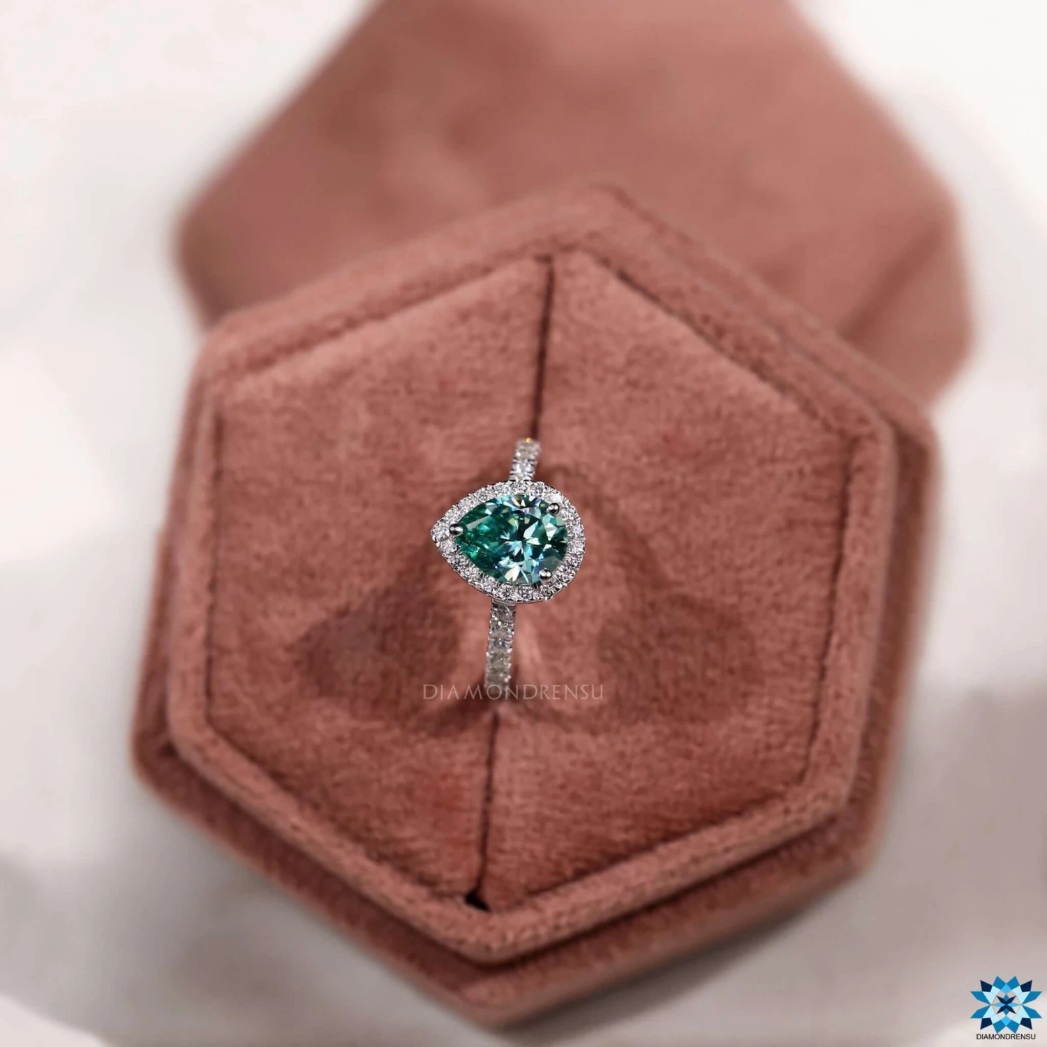 2.30 TCW Cyan Blue Pear Cut Halo Pave Moissanite Wedding Ring - Image 4