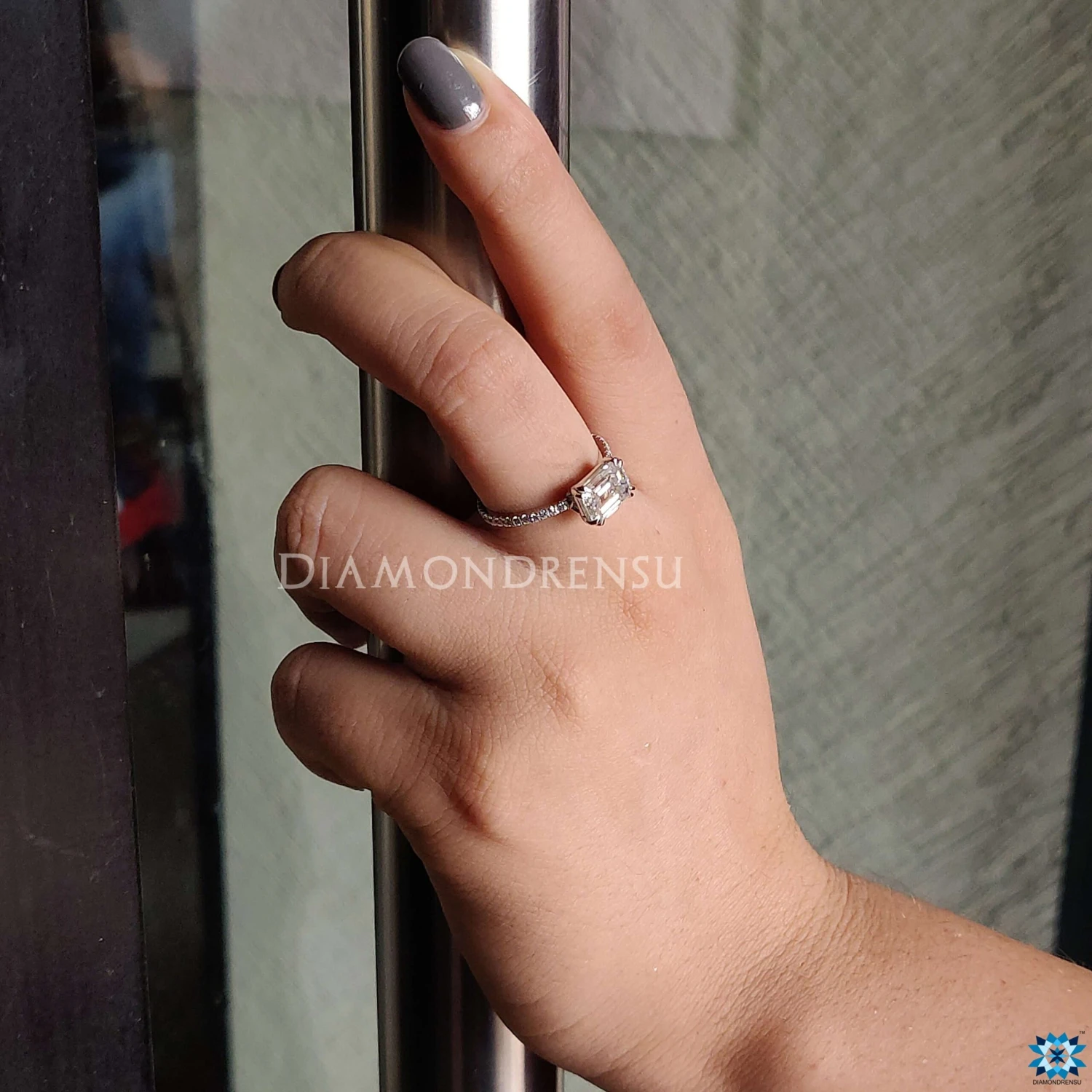 2.30 TCW Emerald Cut East To West Moissanite Engagement Ring, Pave Setting Anniversary Gift Ring - Image 8