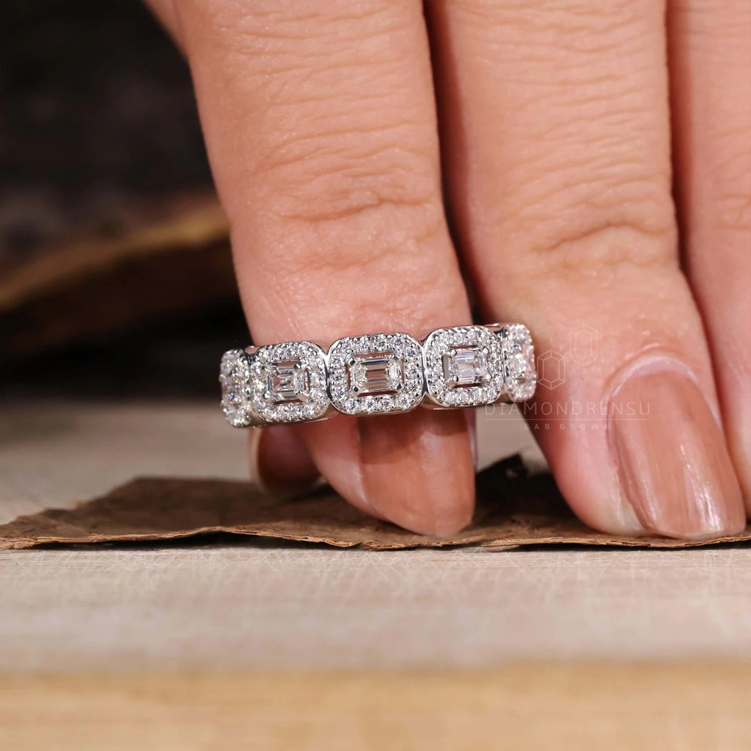 Emerald Cut Wedding Band, Lab Grown Diamond Eternity Band, Round Halo Band - Image 4