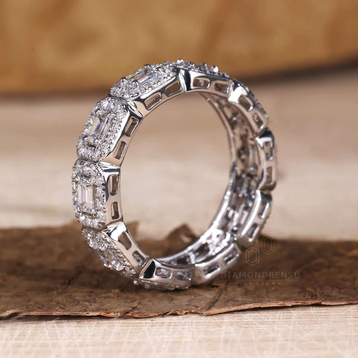 Emerald Cut Wedding Band, Lab Grown Diamond Eternity Band, Round Halo Band - Image 5