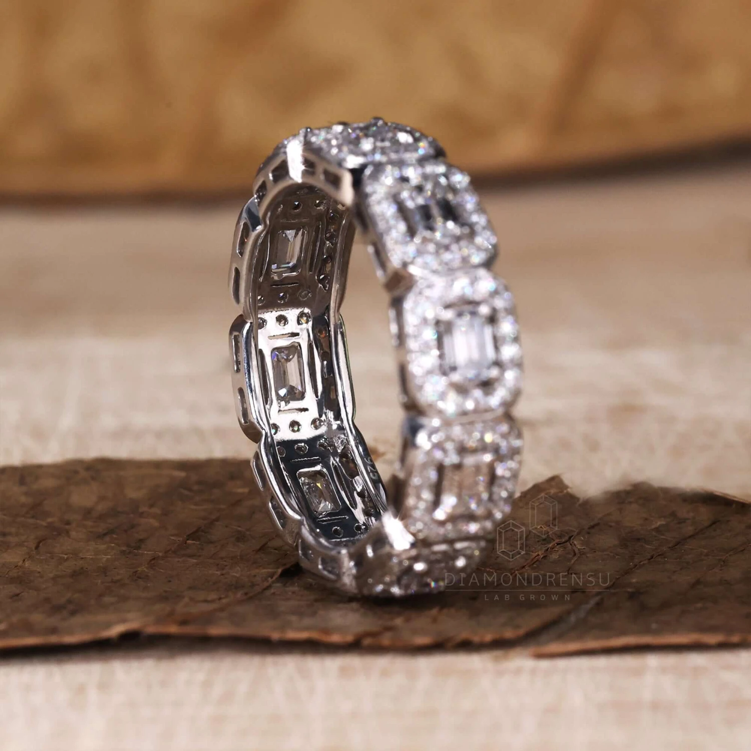 Emerald Cut Wedding Band, Lab Grown Diamond Eternity Band, Round Halo Band - Image 6