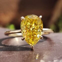 Canary Yellow Moissanite Solitaire Ring, 2.23 CT Pear Cut Moissanite Engagement Ring, Gift For Her