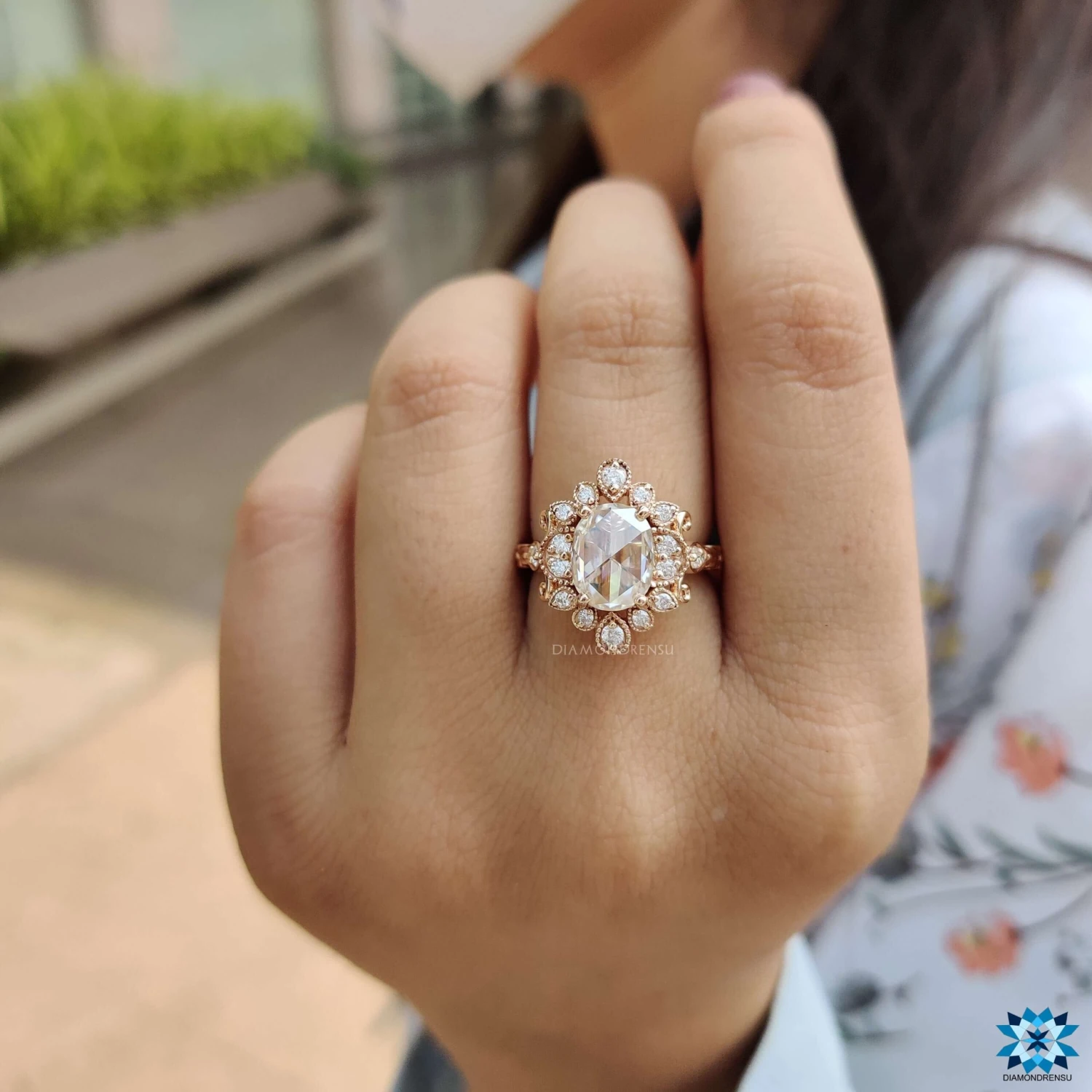 2.26 TW Oval Rose Cut Unique Vintage Style Unique Moissanite Engagement Ring - Image 2