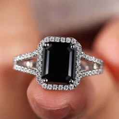 Black Emerald Cut Split Shank Pave Engagement Ring