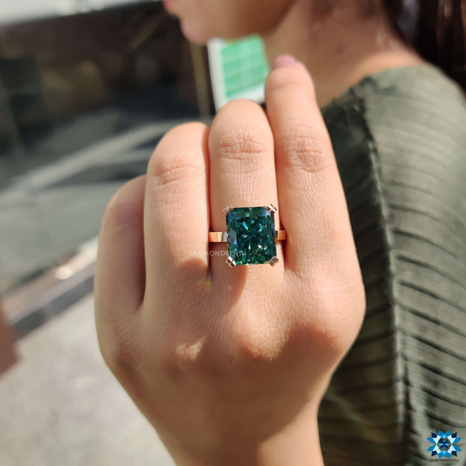 8.44 TCW Cyan Blue Radiant Cut Hidden Halo Moissanite Engagement Ring - Image 2