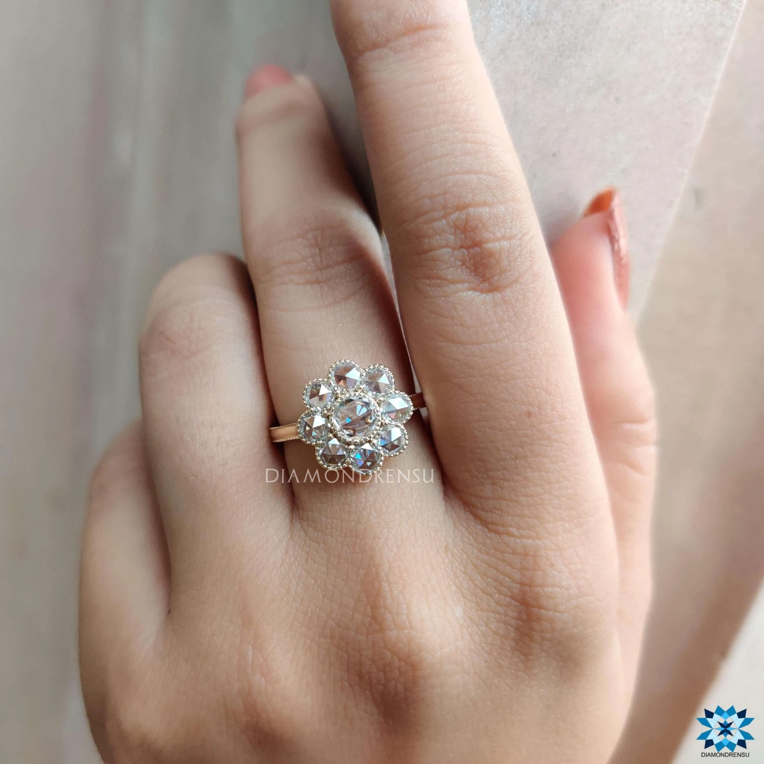 1.72 TCW Round Rose Cut Dazzling Cluster Halo Moissanite Engagement Ring - Image 2