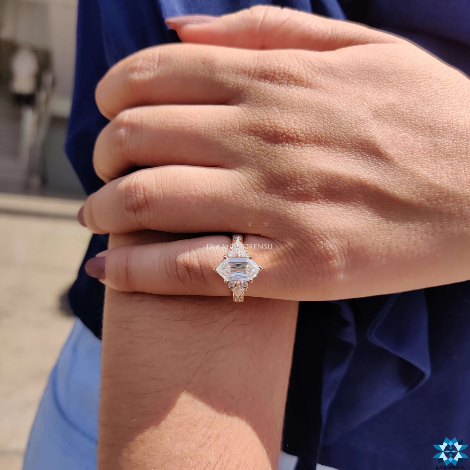 Dual Row Pave Set Vintage Inspired 2.66 TW Hexagon Criss Cut Unique Moissanite Engagement Ring - Image 2