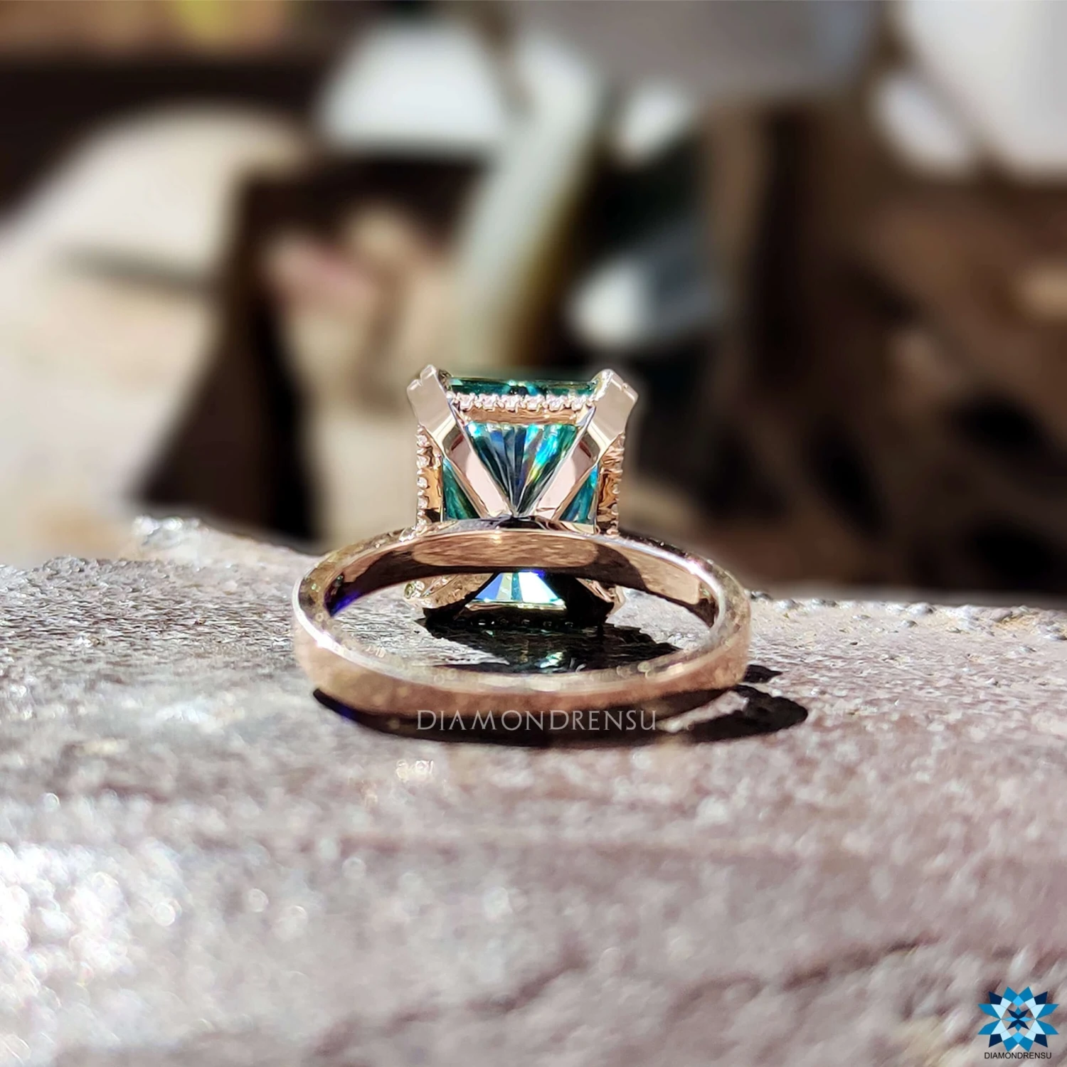 8.44 TCW Cyan Blue Radiant Cut Hidden Halo Moissanite Engagement Ring - Image 5