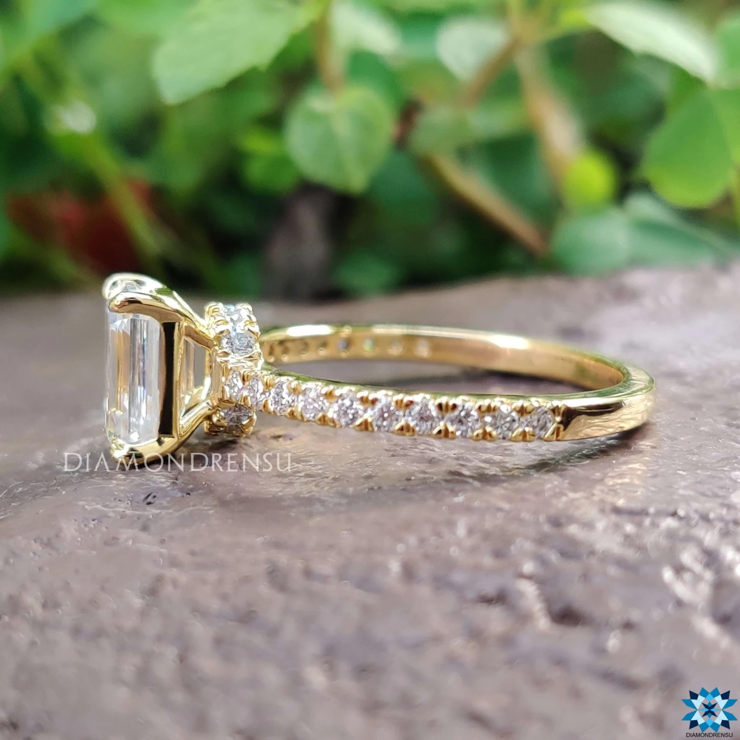 1.77 TCW Emerald Step Cut Hidden Halo Pave Set Moissanite Wedding Ring - Image 4