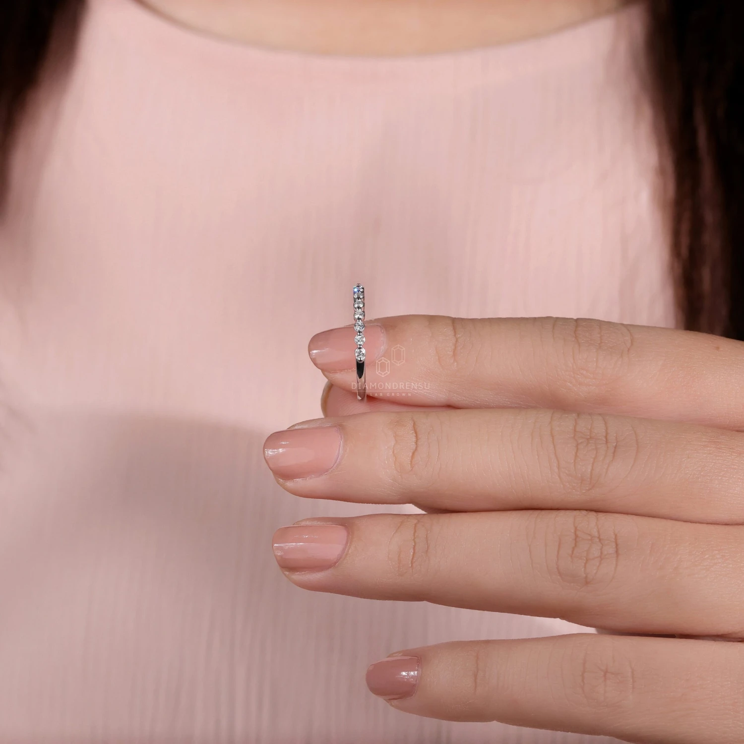 Floating Bubble Half Eternity Wedding Band, 1.50 MM Round Brilliant Cut Lab Created Diamond Band, Matching Band For Engagement Ring - Image 6