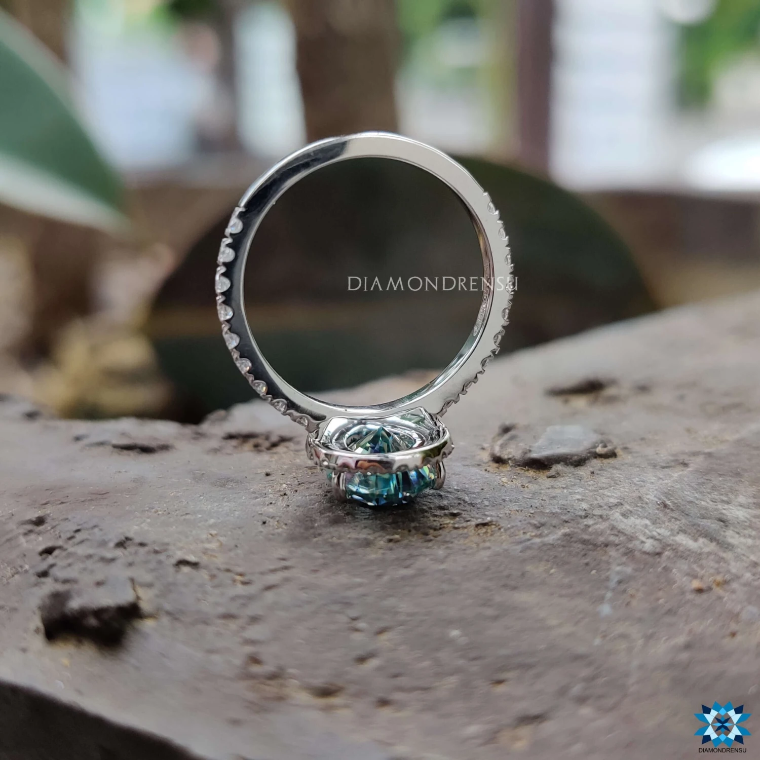 2.30 TCW Cyan Blue Pear Cut Halo Pave Moissanite Wedding Ring - Image 6