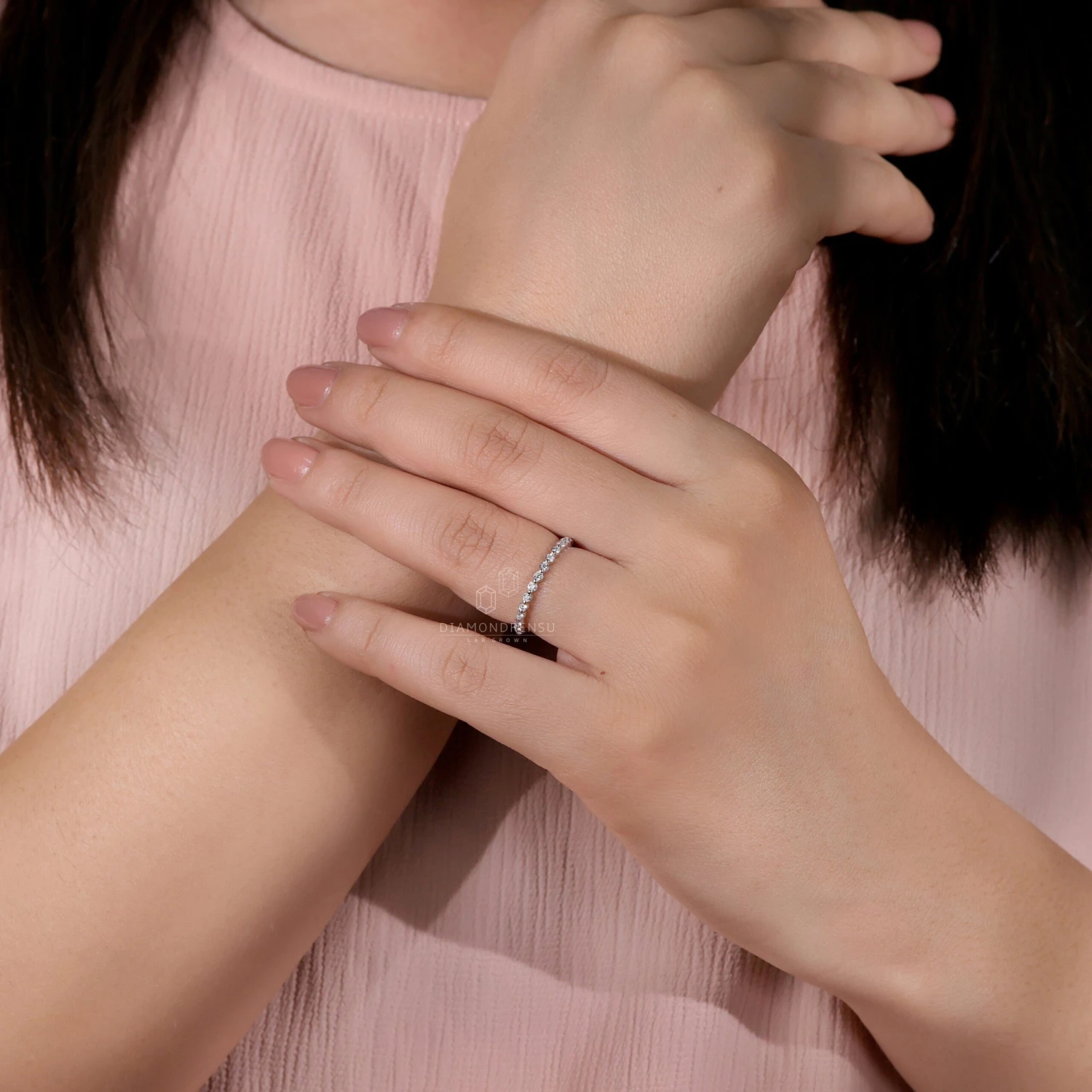 Floating Bubble Half Eternity Wedding Band, 1.50 MM Round Brilliant Cut Lab Created Diamond Band, Matching Band For Engagement Ring - Image 4