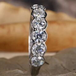 Round Lab Grown Diamond Wedding Band, Six Stones Half Bezel Set Band