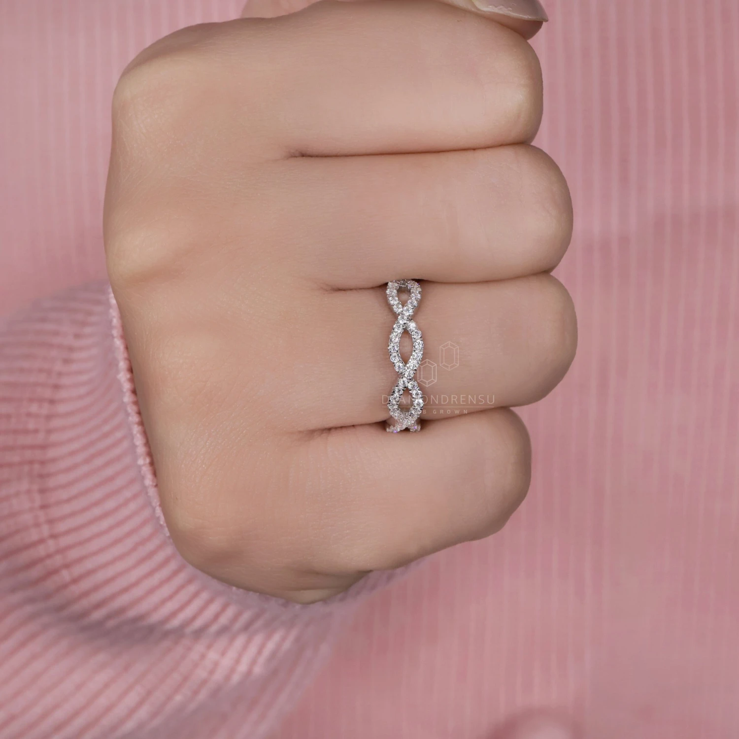 Celtic Style Round Brilliant Cut Lab Grown Diamond Wedding Band, Lab Diamond Cross Over Band - Image 5