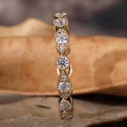 Vintage Style Matching Wedding Ring, 0.75 TW Round Brilliant Cut Milgrain Bezel Set Lab Created Diamond Eternity Band