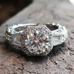 Antique Vintage 1.59 TCW Round Baguette Moissanite Engagement Ring