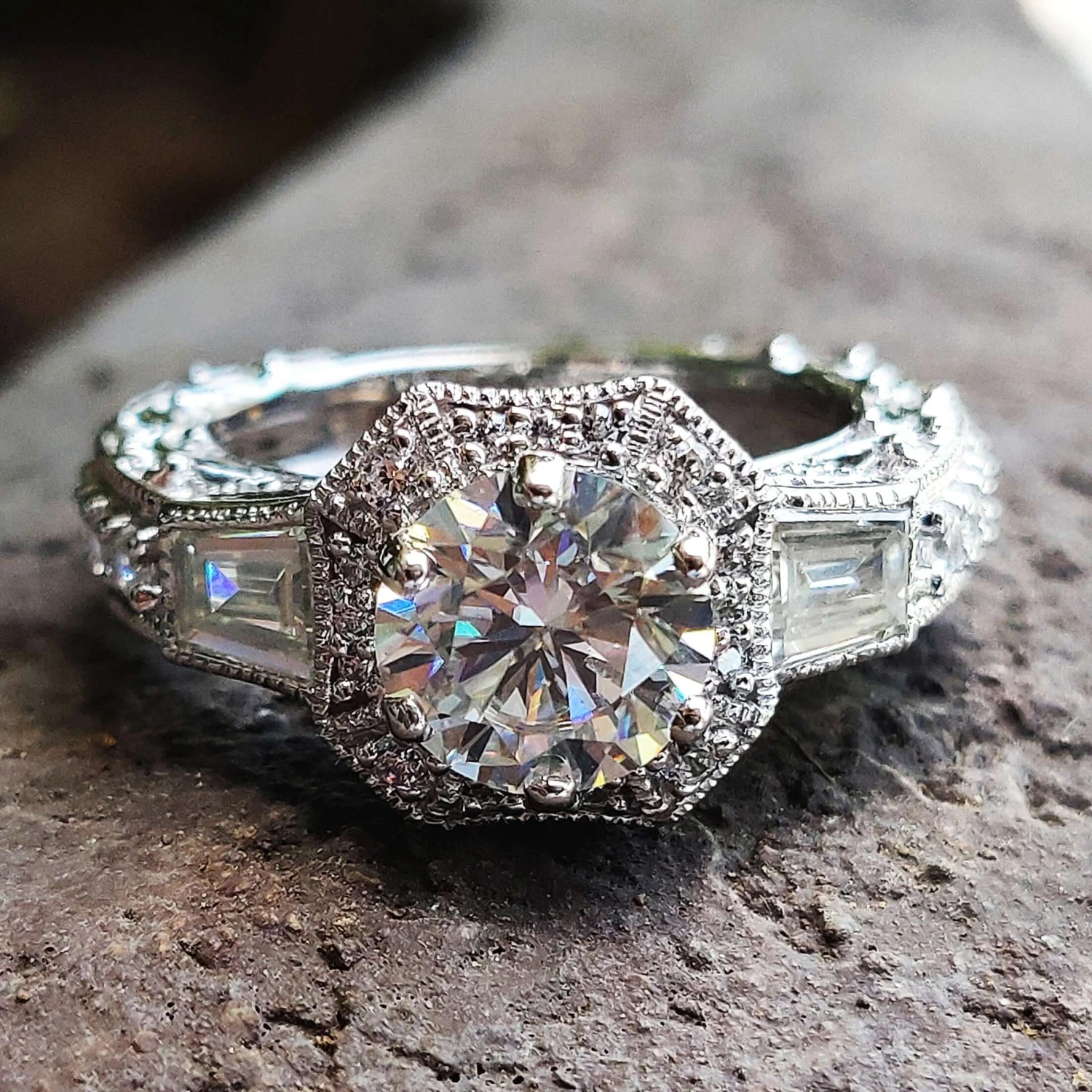 Antique Vintage 1.59 TCW Round Baguette Moissanite Engagement Ring