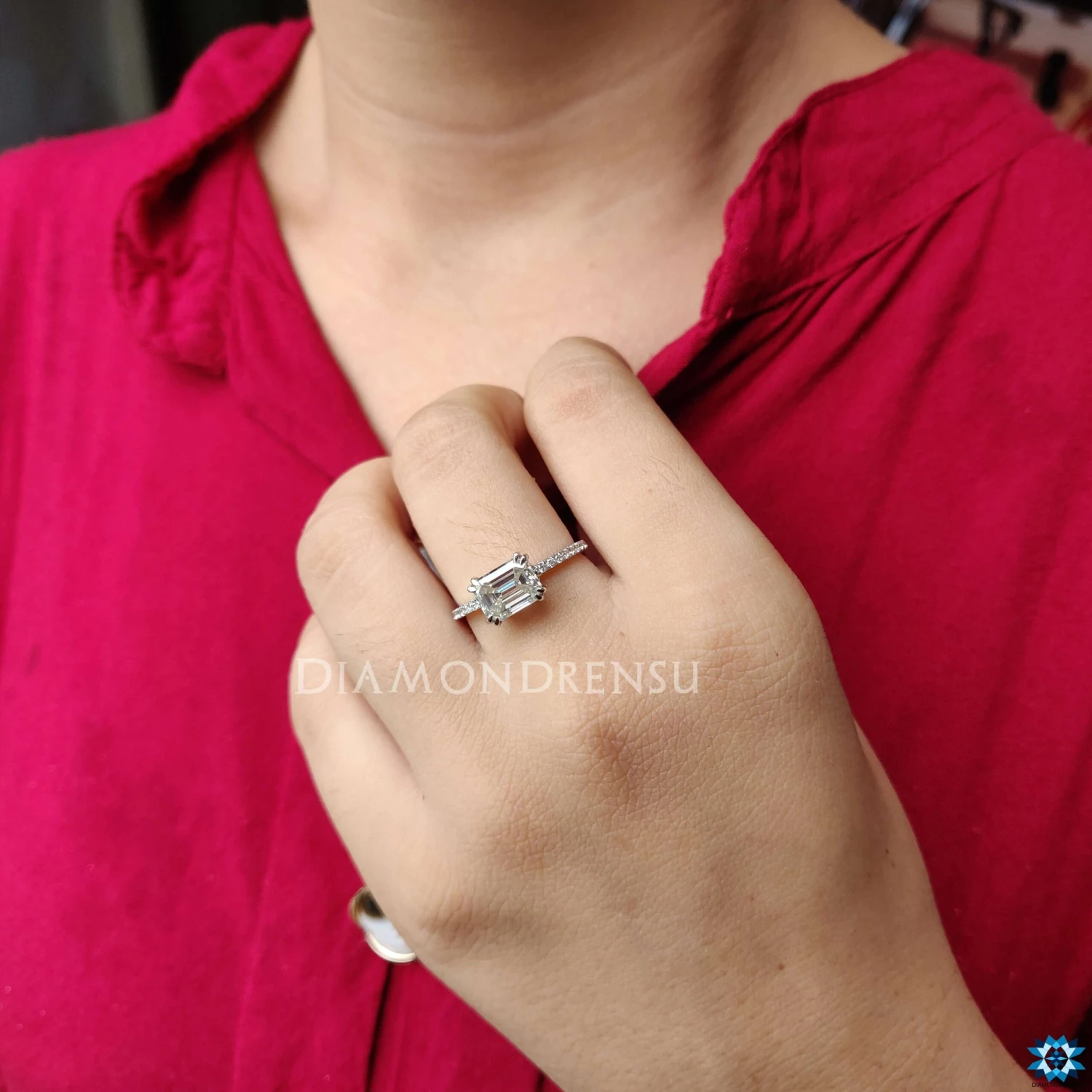 2.30 TCW Emerald Cut East To West Moissanite Engagement Ring, Pave Setting Anniversary Gift Ring - Image 10