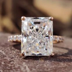 Radiant Cut Moissanite Engagement Ring, Hidden Halo Pave Set Rose Gold Moissanite Engagement Ring