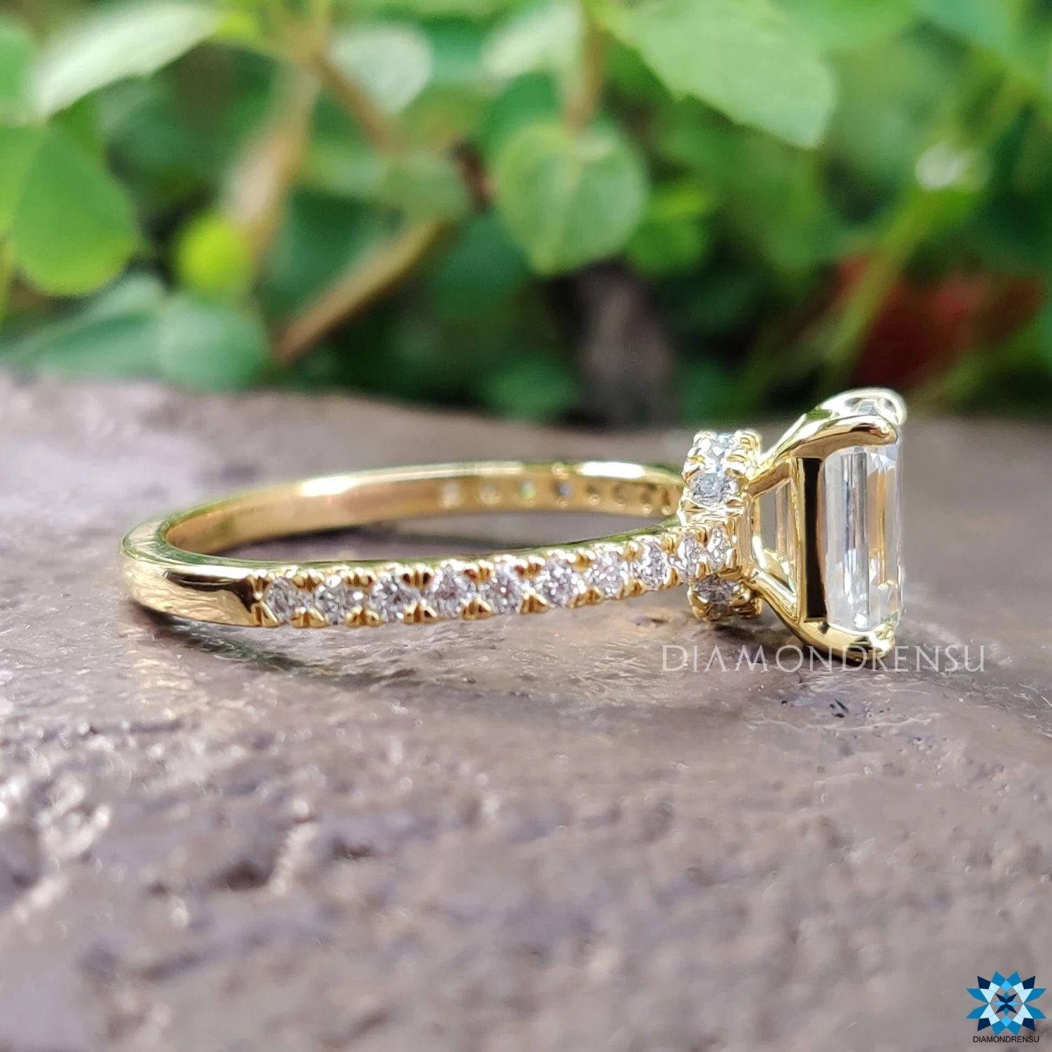 1.77 TCW Emerald Step Cut Hidden Halo Pave Set Moissanite Wedding Ring - Image 5