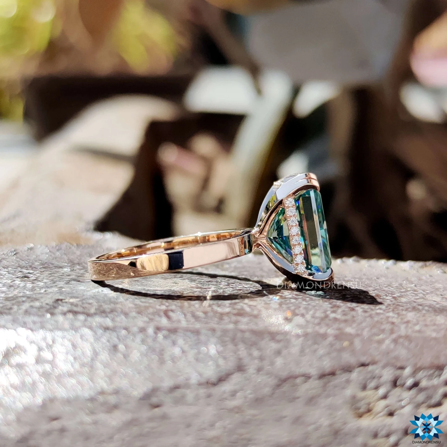 8.44 TCW Cyan Blue Radiant Cut Hidden Halo Moissanite Engagement Ring - Image 3