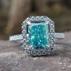 2.23 TCW Cyan Blue Radiant Cut Halo Pave Moissanite Wedding Ring