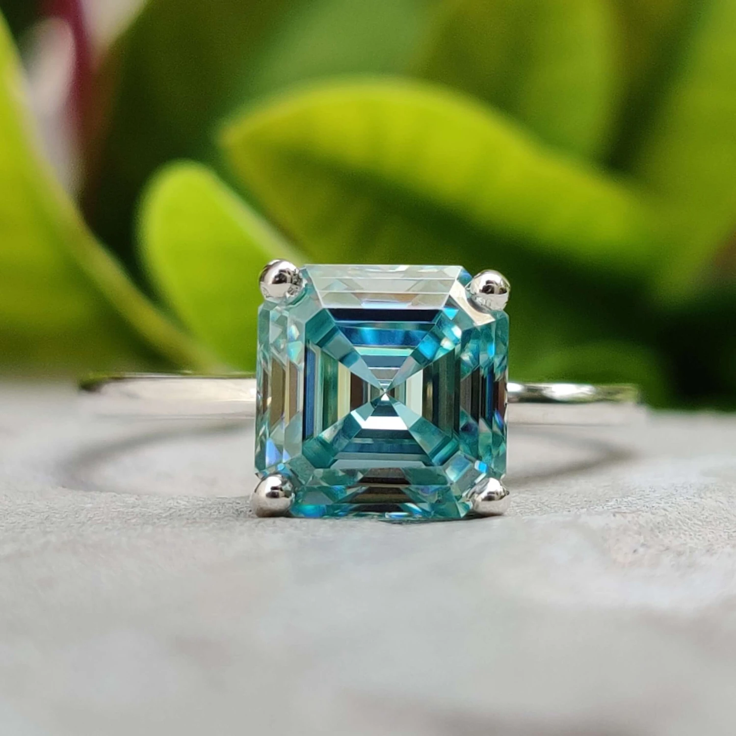 2.21 CT Asscher Step Cut Cyan Blue Moissanite Solitaire Wedding Ring
