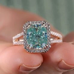 5.46 TW Cyan Blue Cushion Cut Split Shank Affordable Moissanite Halo Engagement Ring