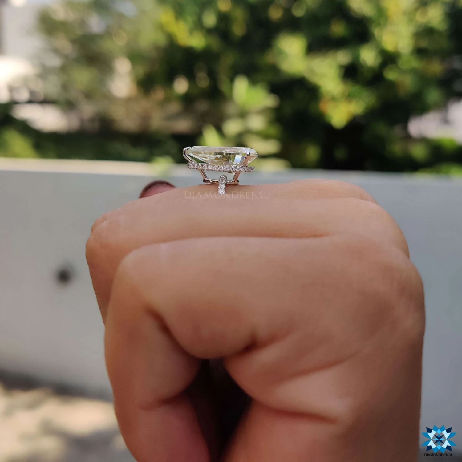 Unique 5.16 TCW Pear Cut Hidden Halo Pave Set Moissanite Engagement Ring - Image 7