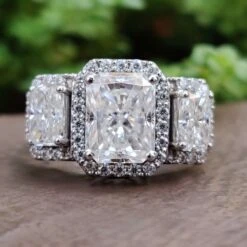 4.01 TCW Radiant Cut Colorless Moissanite Three Stone Halo Engagement Ring