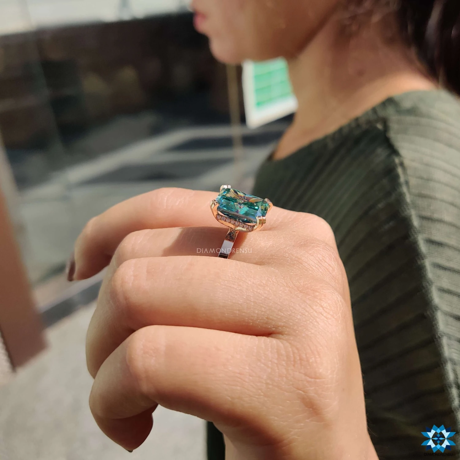 8.44 TCW Cyan Blue Radiant Cut Hidden Halo Moissanite Engagement Ring - Image 7