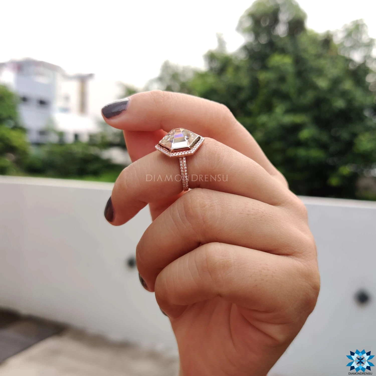 5.33 TCW Hexagon Rose Cut Dazzling Micro Pave Halo Engagement Ring - Image 7