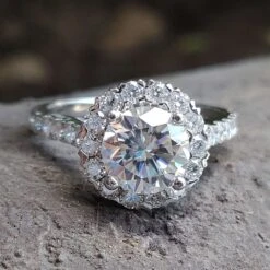 Round Moissanite Cathedral Pave Halo Moissanite Engagement Ring