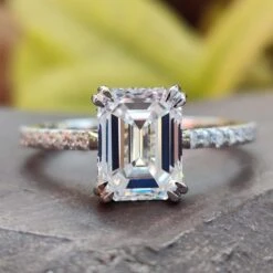 2.82 TW Emerald Cut Double Claw Prong Hidden Halo Moissanite Engagement Ring