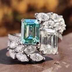 Vintage Style 4.93 TW Emerald Cut Unique Moissanite Engagement Ring, Decorative Bypass Pave Moissanite Ring