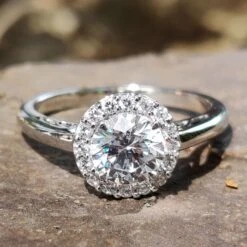 Unique Art Deco 1.35 TCW Round Moissanite Halo Engagement Ring