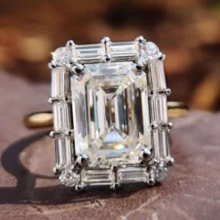 Vintage Style Engagement Ring, 3.31 TW Moissanite Emerald Cut Engagement Ring, Side Baguette Moissanite Ring
