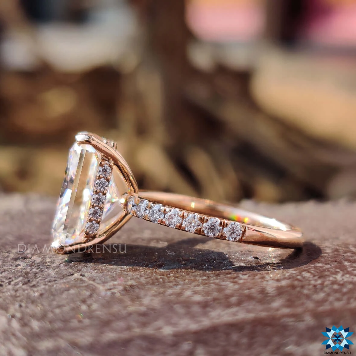 Radiant Cut Moissanite Engagement Ring, Hidden Halo Pave Set Rose Gold Moissanite Engagement Ring - Image 3