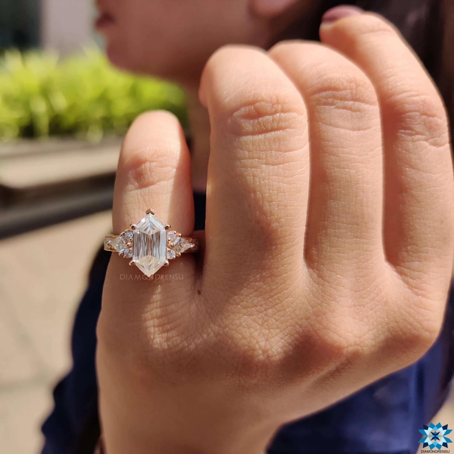 Dual Row Pave Set Vintage Inspired 2.66 TW Hexagon Criss Cut Unique Moissanite Engagement Ring - Image 6