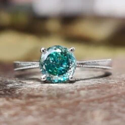 Milgrain Tapered Shank 1.01 CT Cyan Blue Portuguese Cut Moissanite Solitaire Engagement Ring