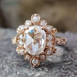 2.26 TW Oval Rose Cut Unique Vintage Style Unique Moissanite Engagement Ring