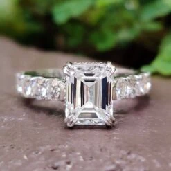 3.48 TW Emerald And Round Cut Double Claw Prongs Hidden Halo Moissanite Engagement Ring