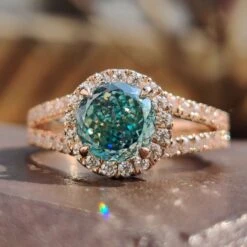 3.86 TW Portuguese Cut Cyan Blue Moissanite Halo Engagement Ring, Split Shank Ring